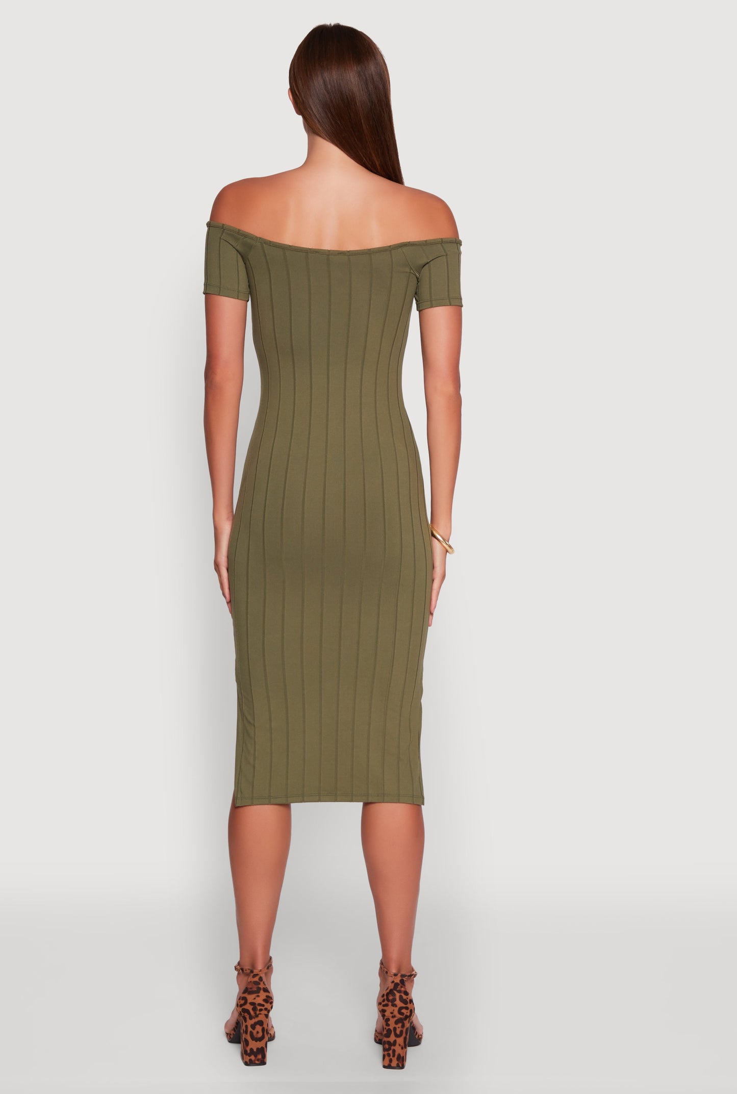 Rib Knit Side Slit Off The Shoulder Dress