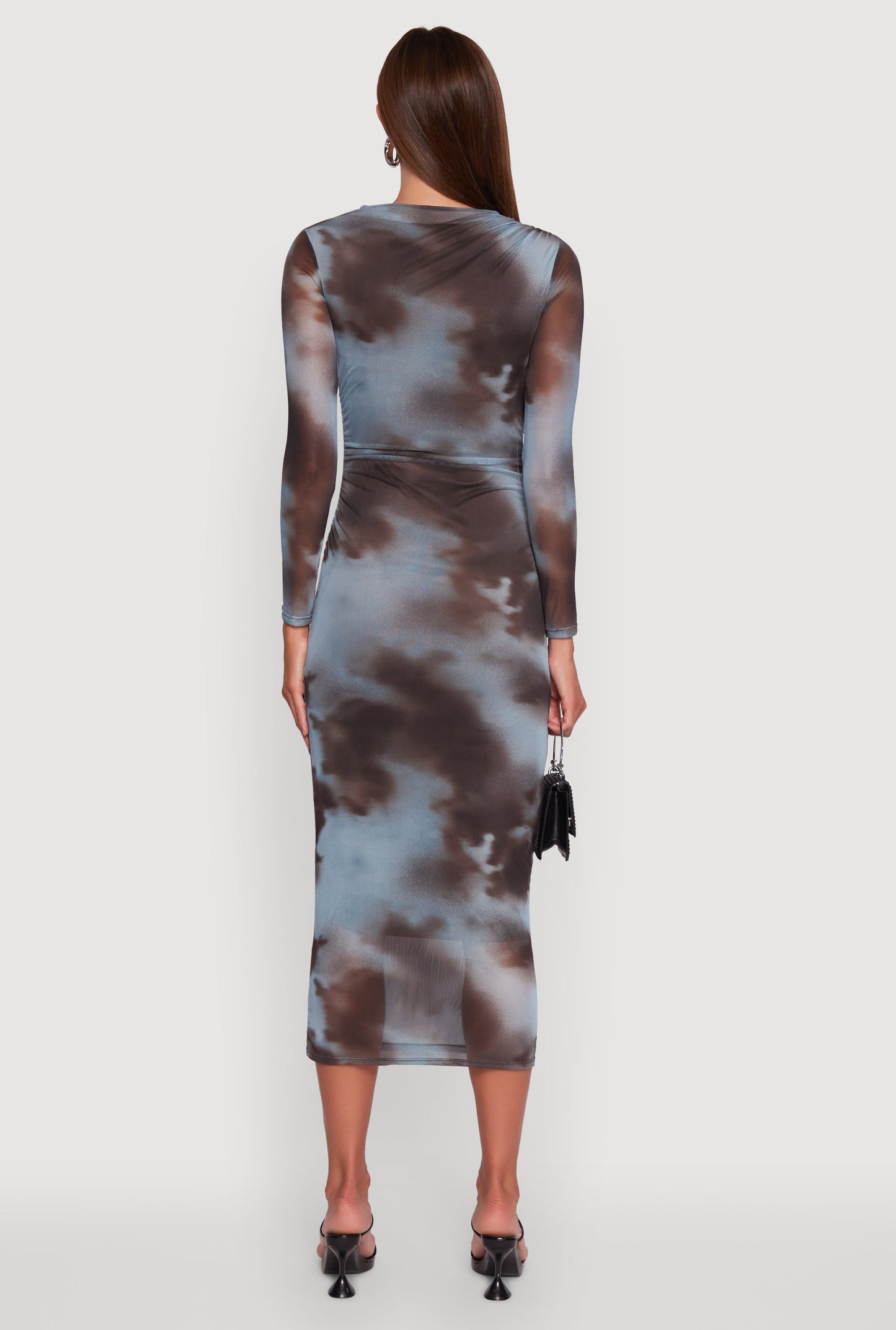 Almost Famous Patterned Mesh Ruched Side Midi Dress