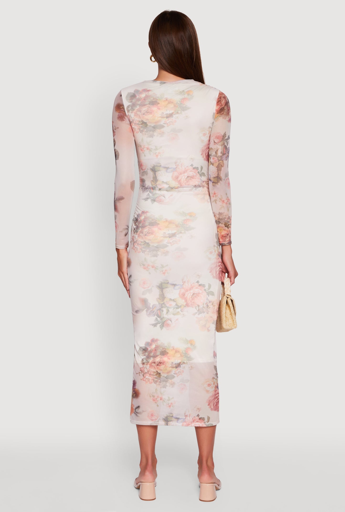 Almost Famous Patterned Mesh Ruched Side Midi Dress