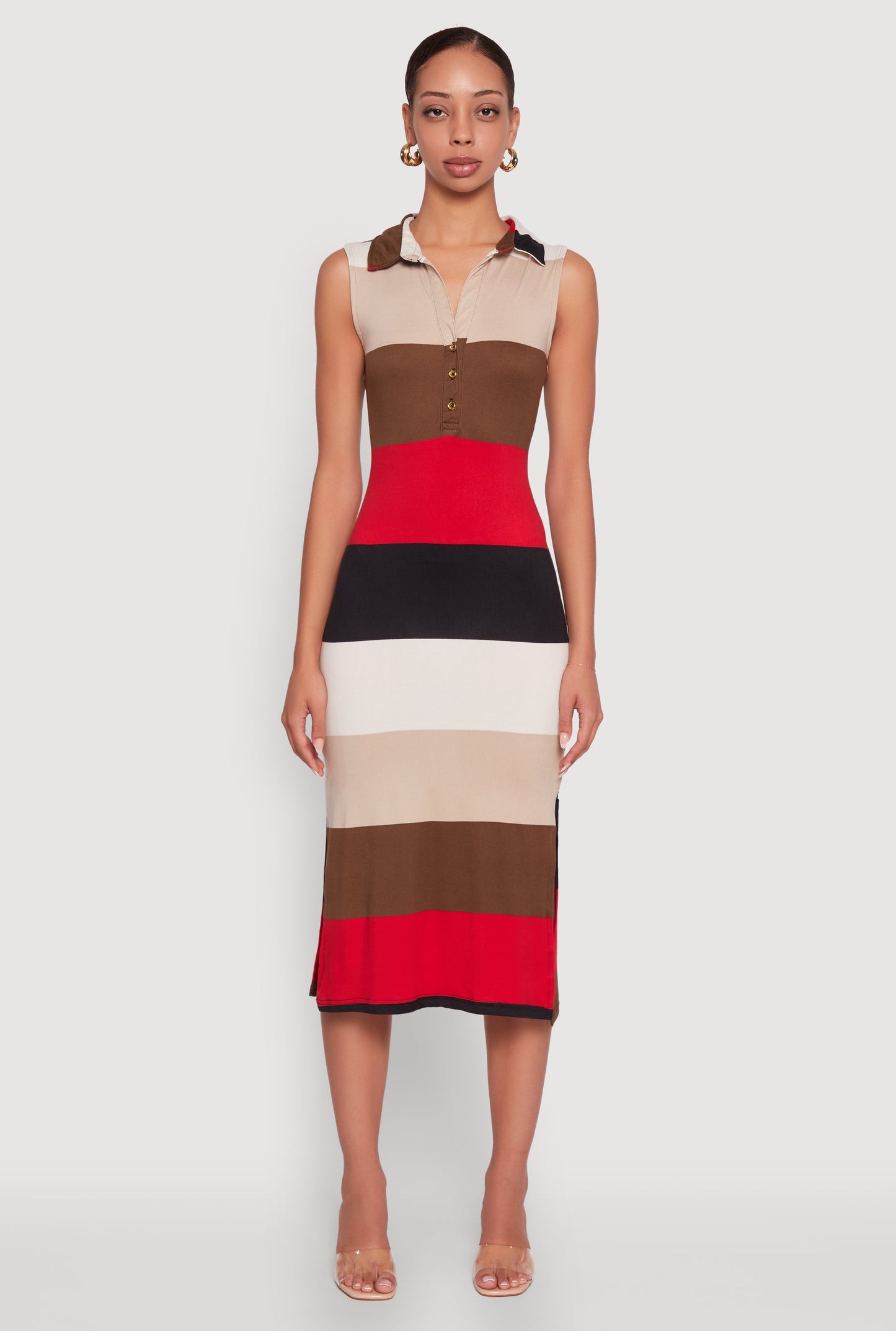 Color Blocked Striped Polo Collar Sleeveless Midi Dress