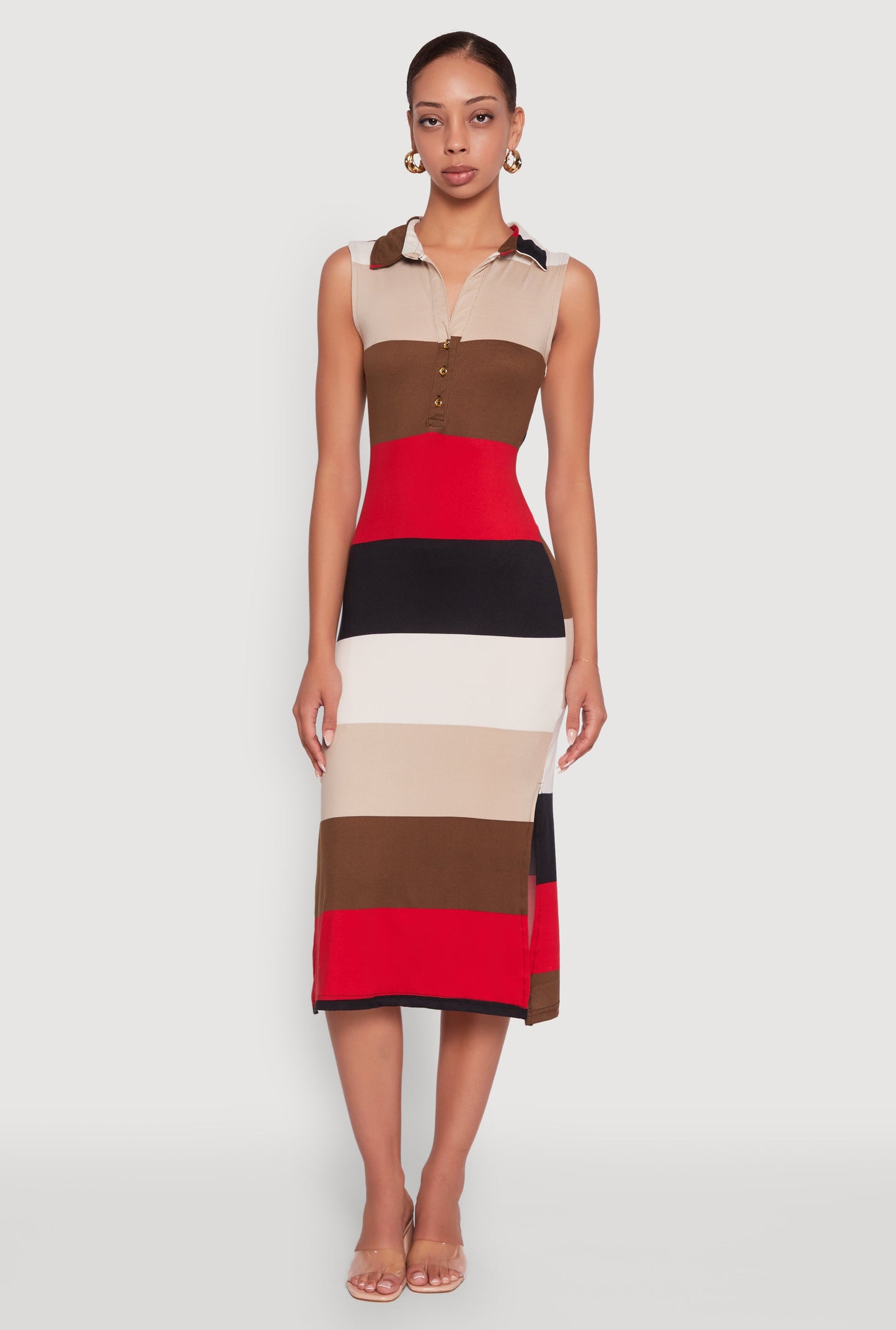 Color Blocked Striped Polo Collar Sleeveless Midi Dress