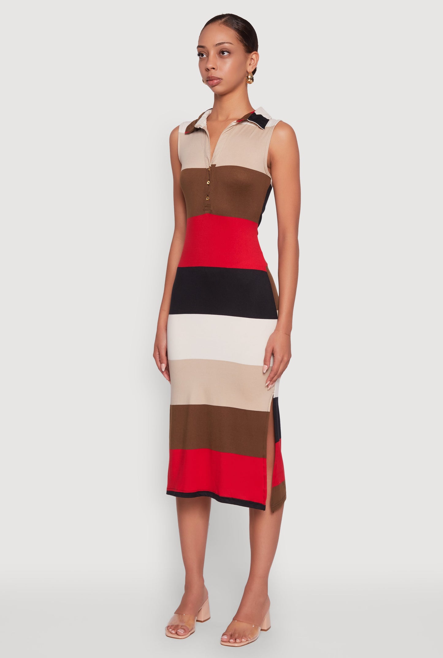Color Blocked Striped Polo Collar Sleeveless Midi Dress