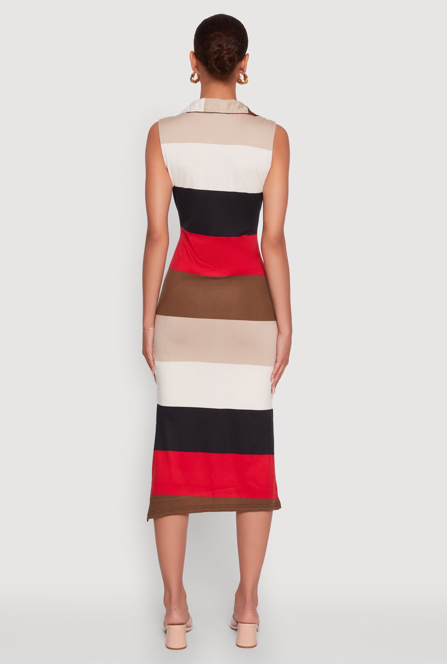 Color Blocked Striped Polo Collar Sleeveless Midi Dress