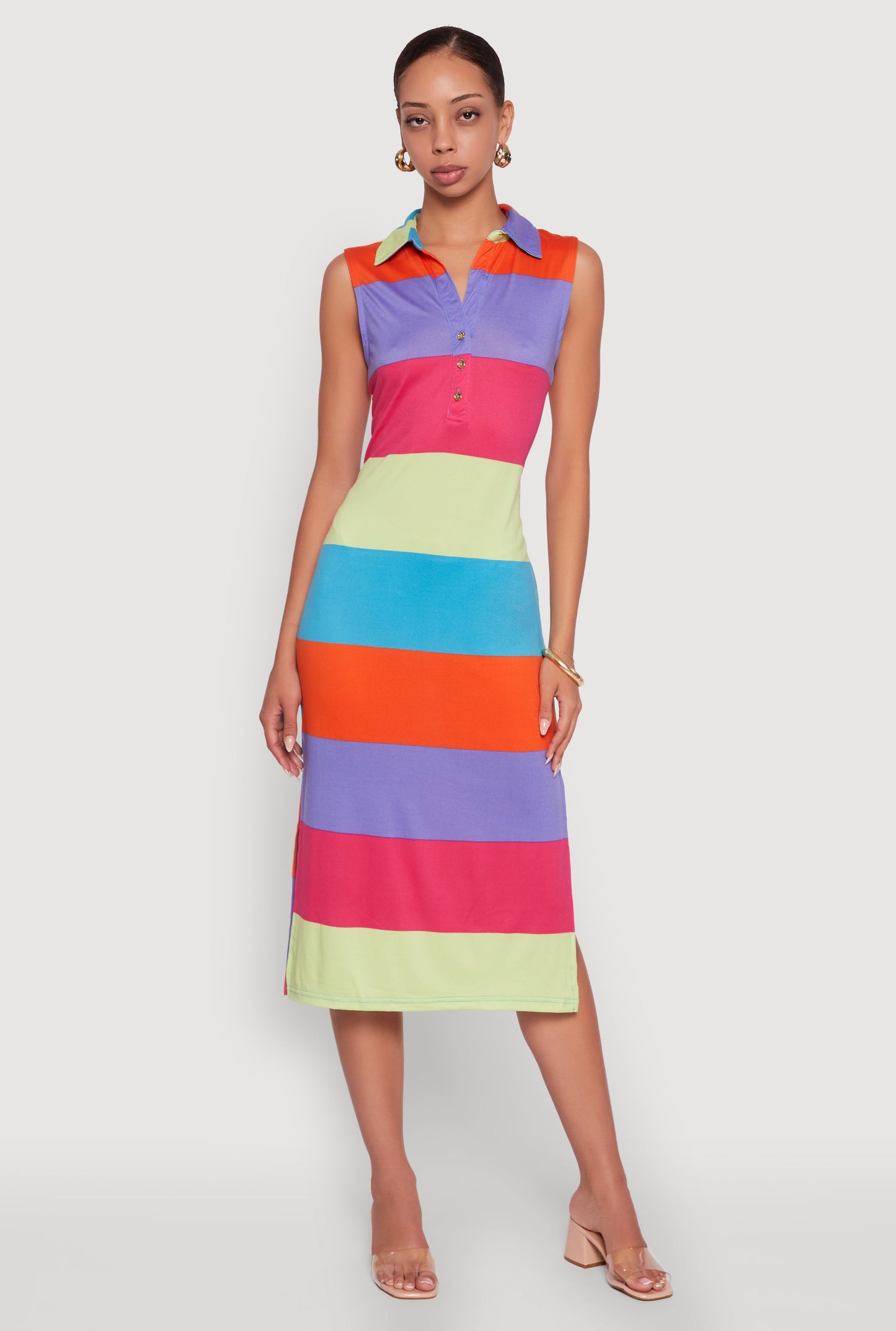 Color Blocked Striped Polo Collar Sleeveless Midi Dress