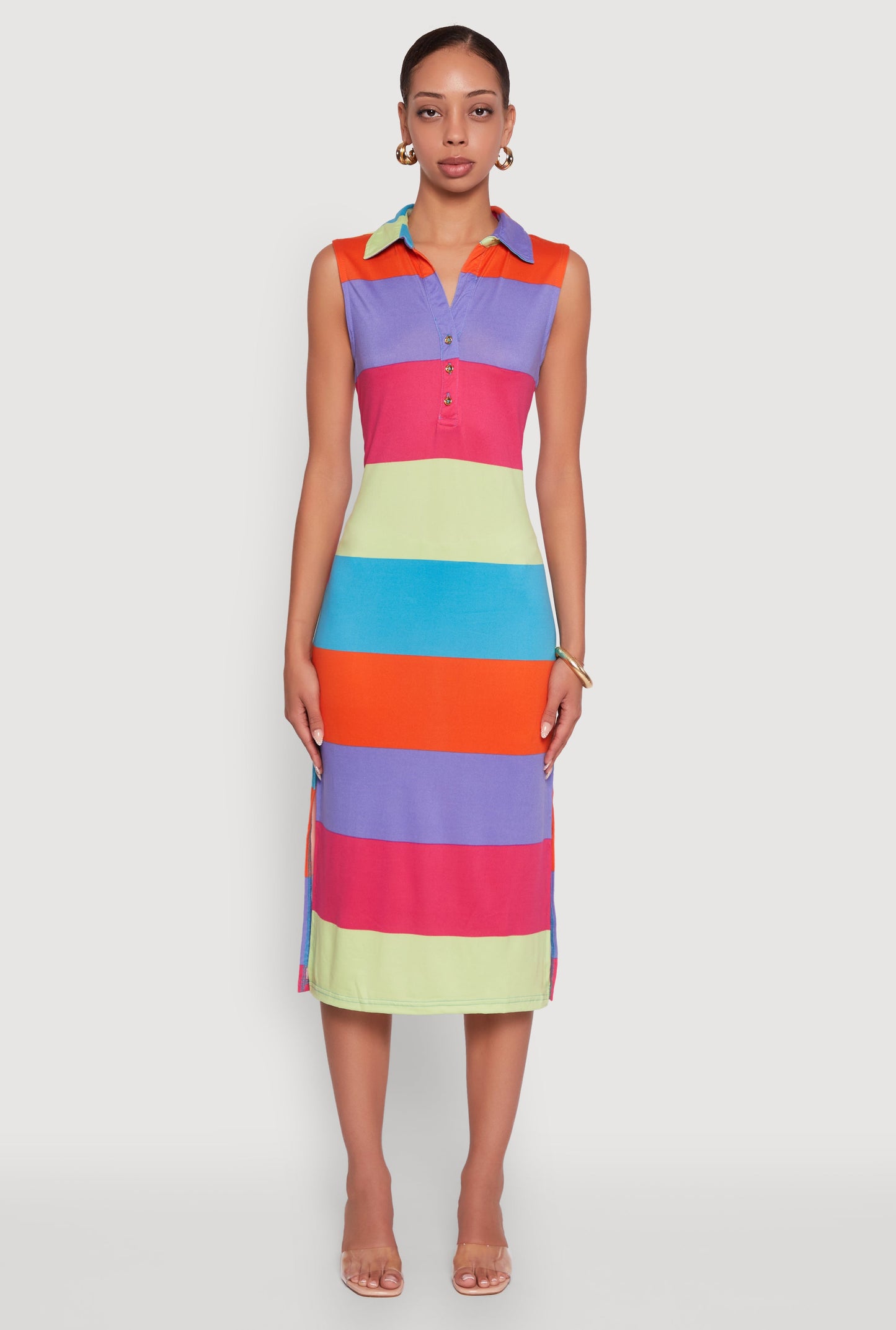 Color Blocked Striped Polo Collar Sleeveless Midi Dress