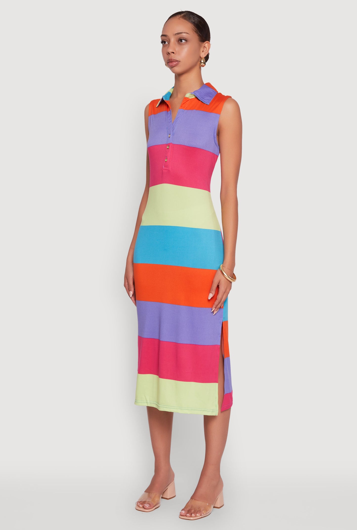 Color Blocked Striped Polo Collar Sleeveless Midi Dress