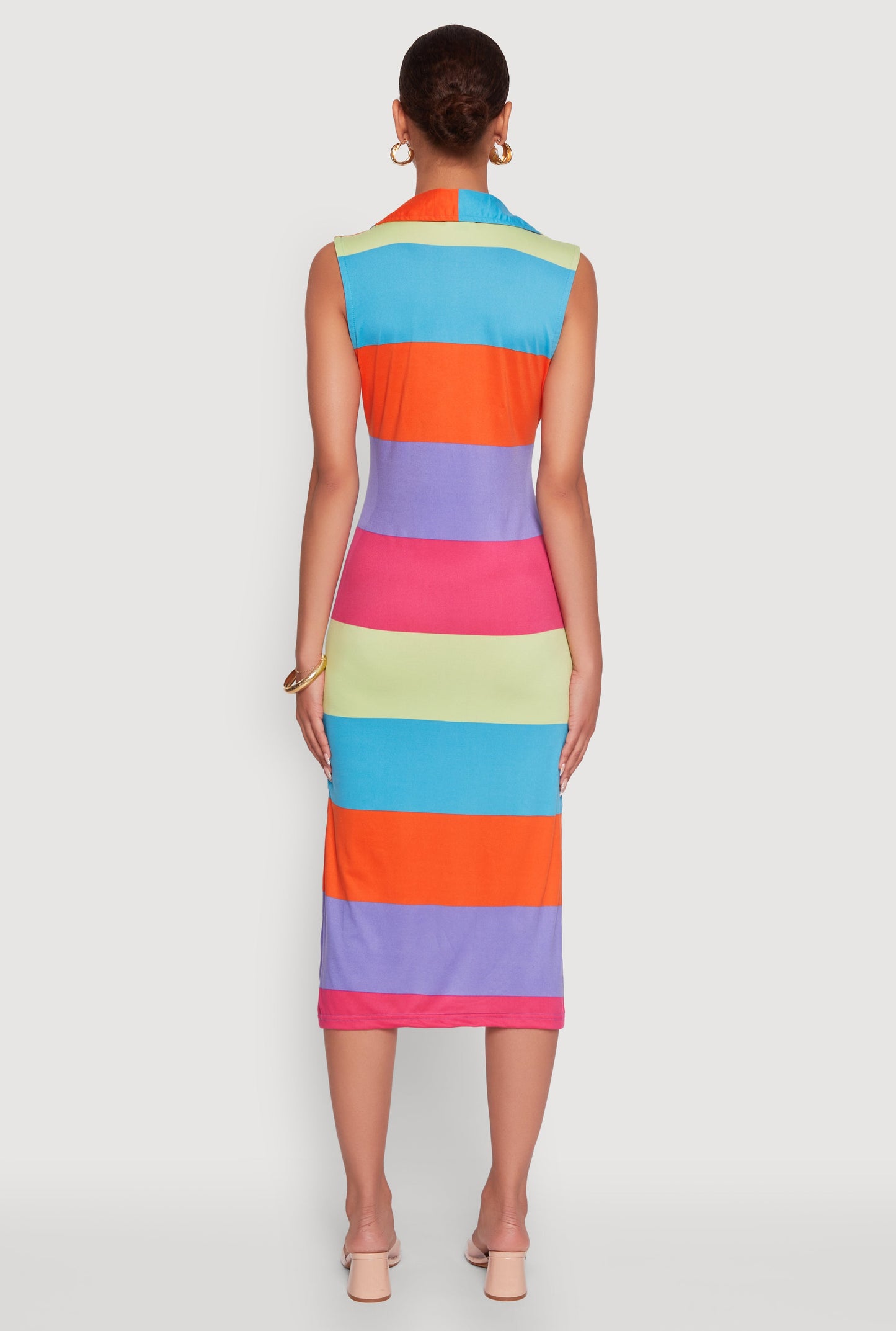 Color Blocked Striped Polo Collar Sleeveless Midi Dress