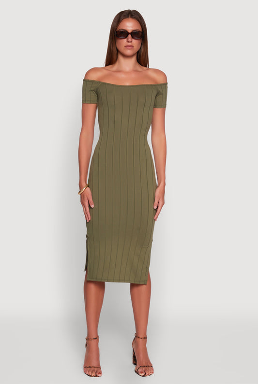 Rib Knit Side Slit Off The Shoulder Dress