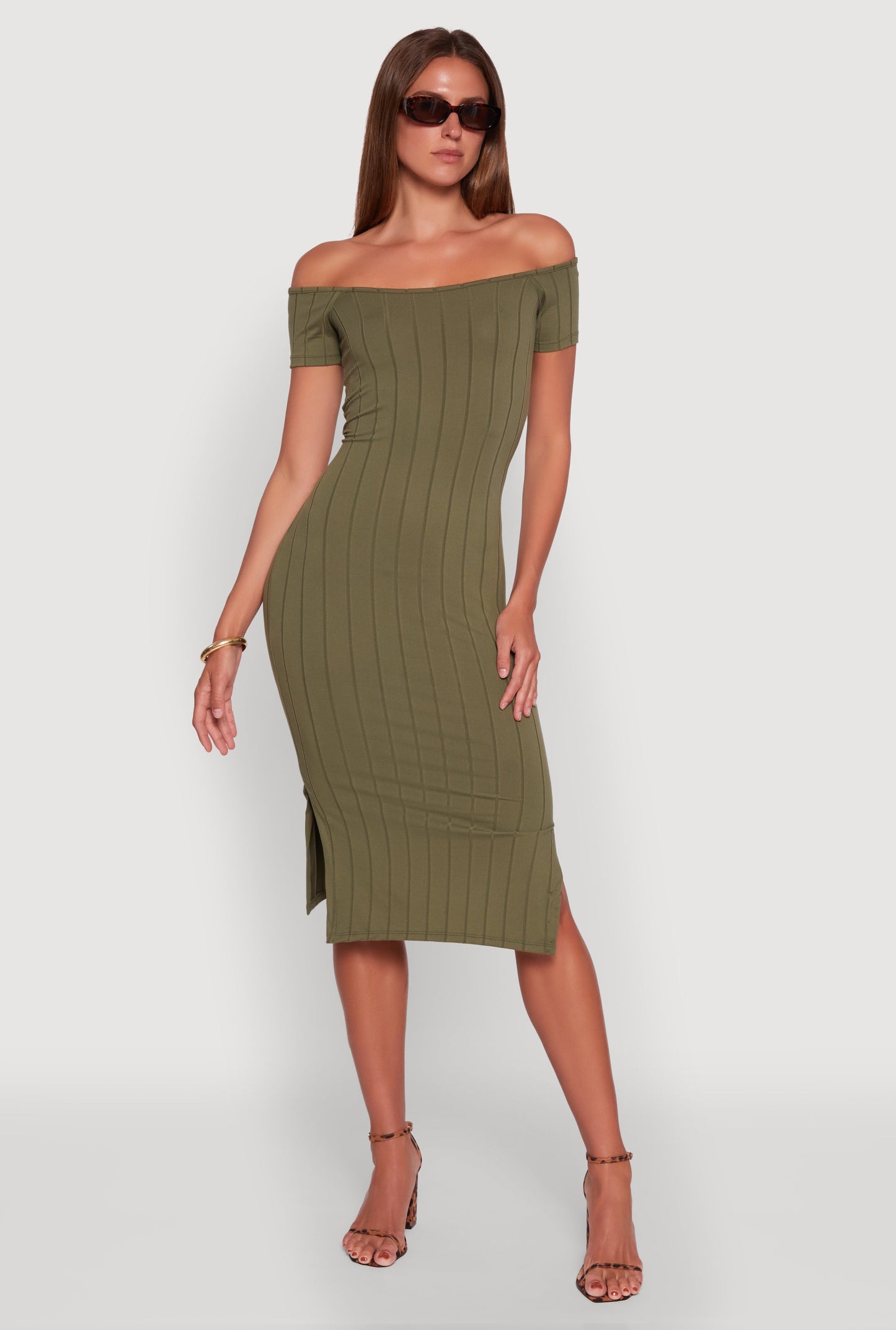 Rib Knit Side Slit Off The Shoulder Dress