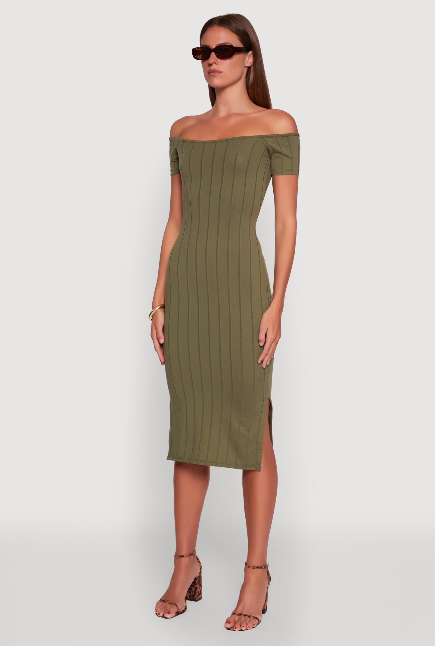 Rib Knit Side Slit Off The Shoulder Dress