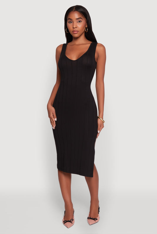 Trendy Rib Knit V-Neck Side Slit Tank Dress