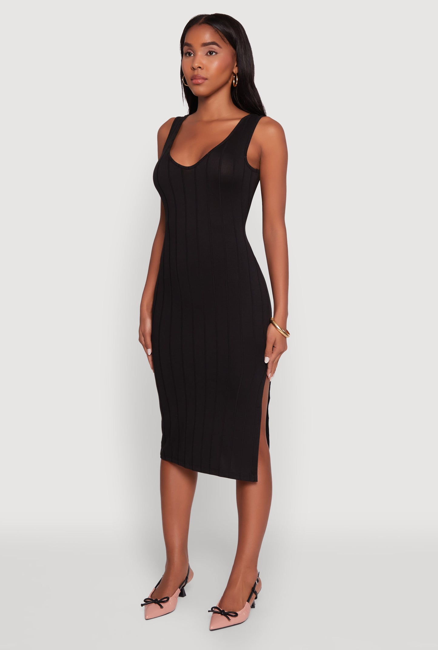 Trendy Rib Knit V-Neck Side Slit Tank Dress