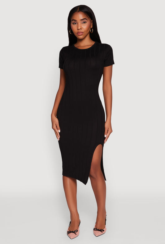 Ribbed Knit Shadow Stripe Midi T-Shirt Dress