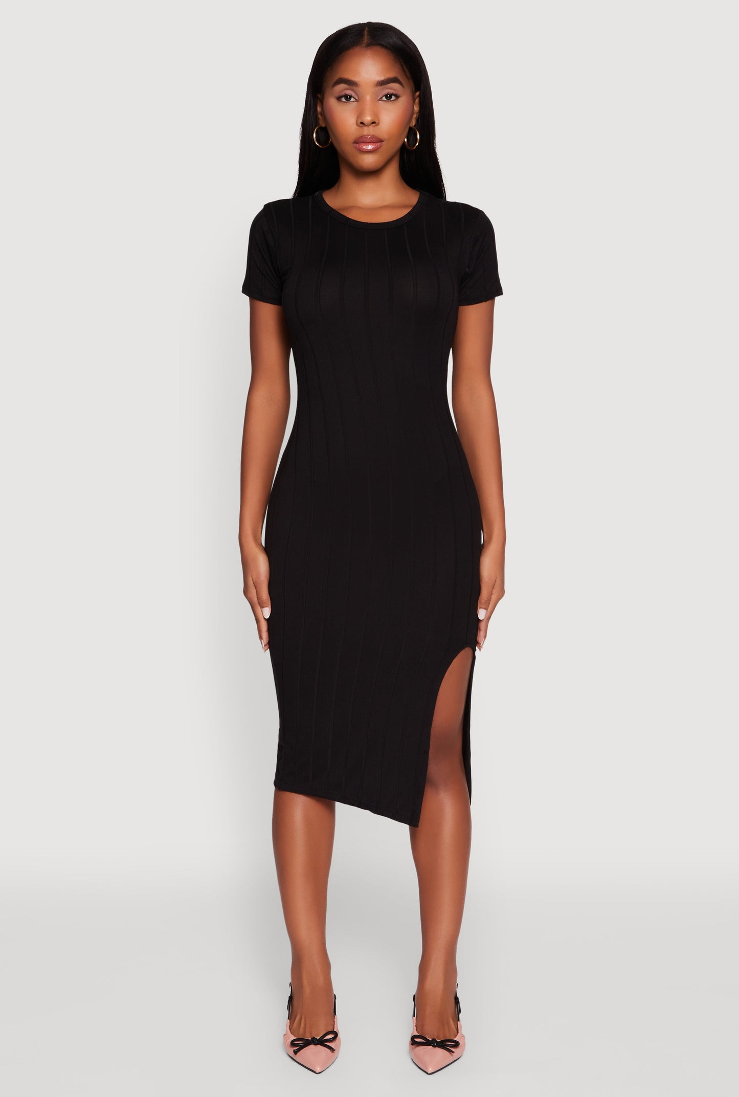 Ribbed Knit Shadow Stripe Midi T-Shirt Dress