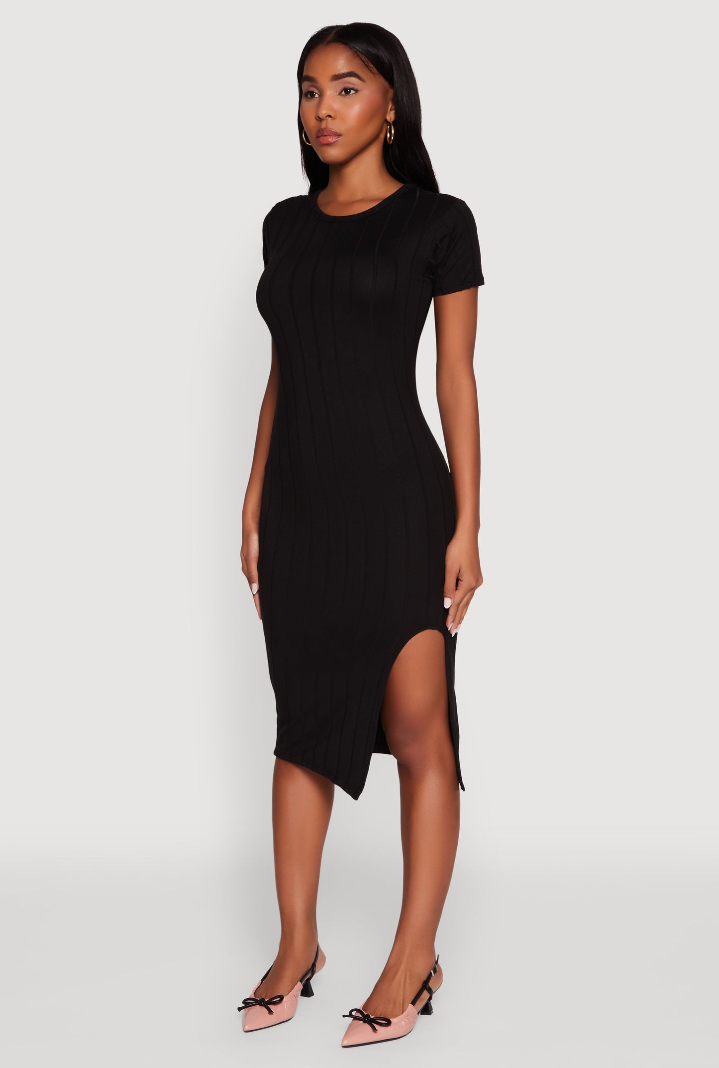 Ribbed Knit Shadow Stripe Midi T-Shirt Dress