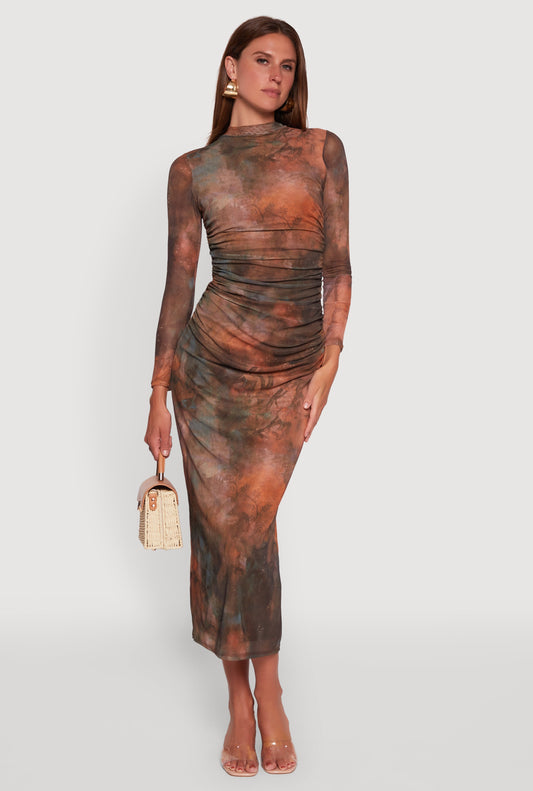 Printed Patterned Long Sleeve Side Ruched Mesh Midi Dress