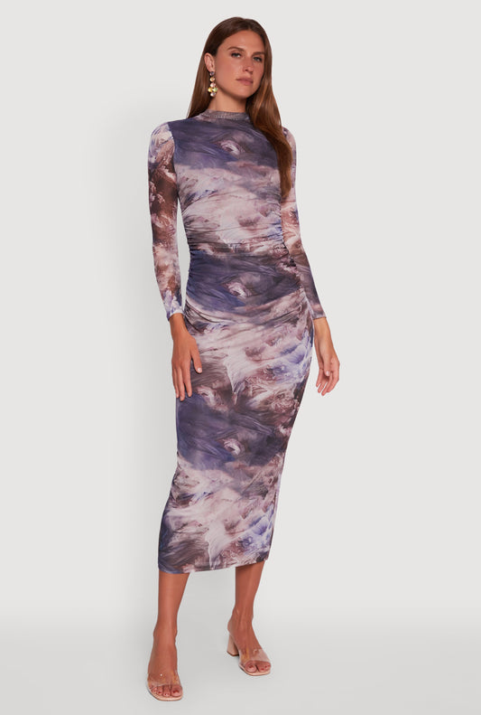 Printed Patterned Long Sleeve Side Ruched Mesh Midi Dress