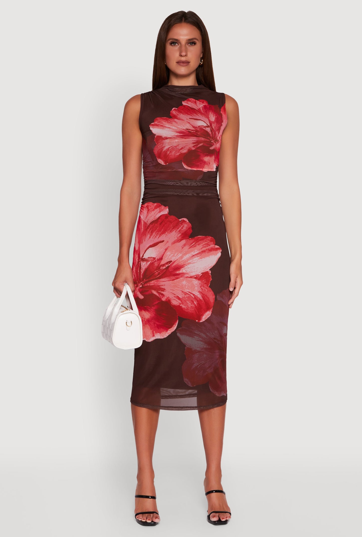 Madden Girl Floral Mesh Ruched Side Midi Dress
