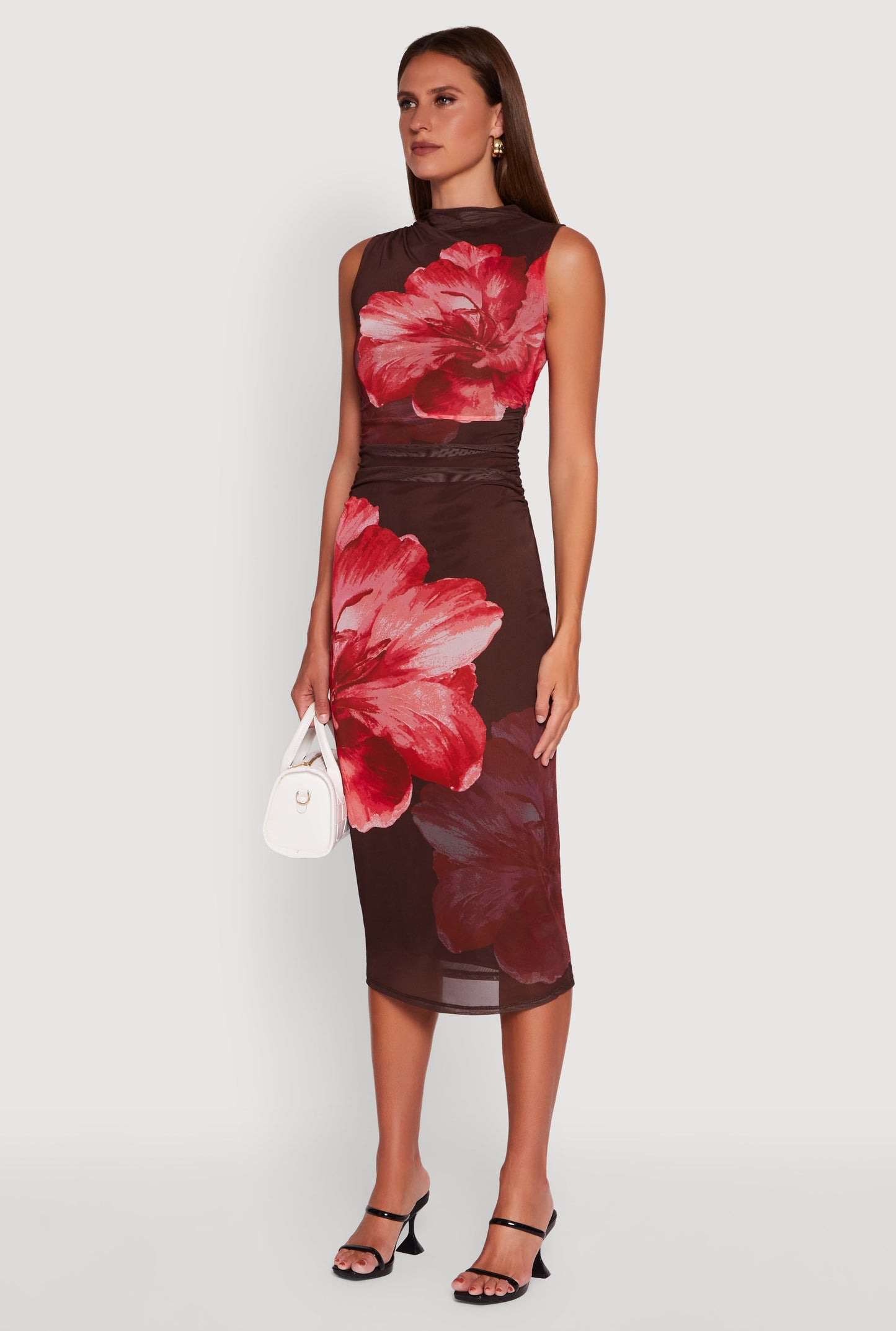 Madden Girl Floral Mesh Ruched Side Midi Dress