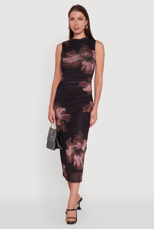 Madden Girl Floral Mesh Mock Neck Ruched Side Midi Dress