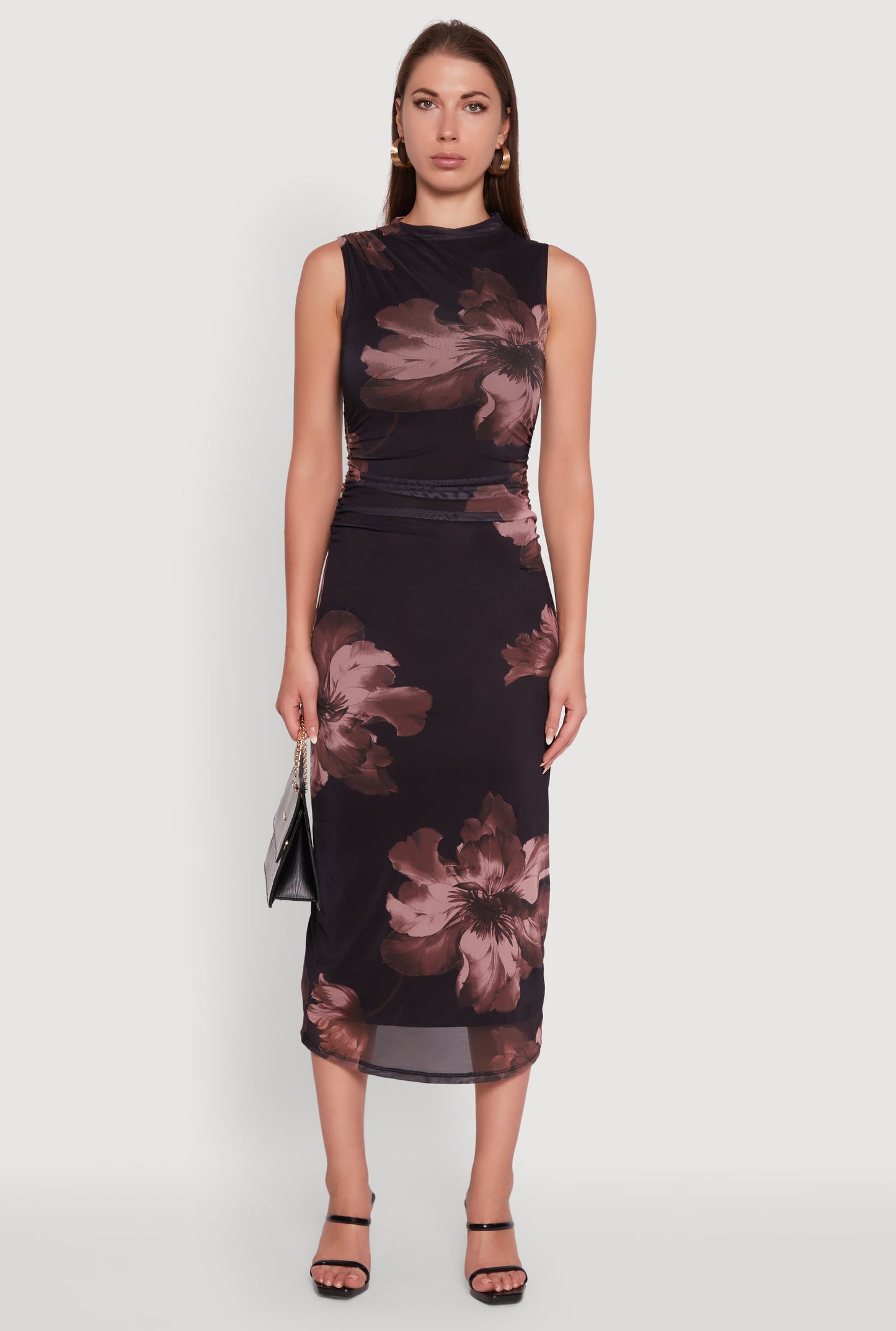 Madden Girl Floral Mesh Mock Neck Ruched Side Midi Dress