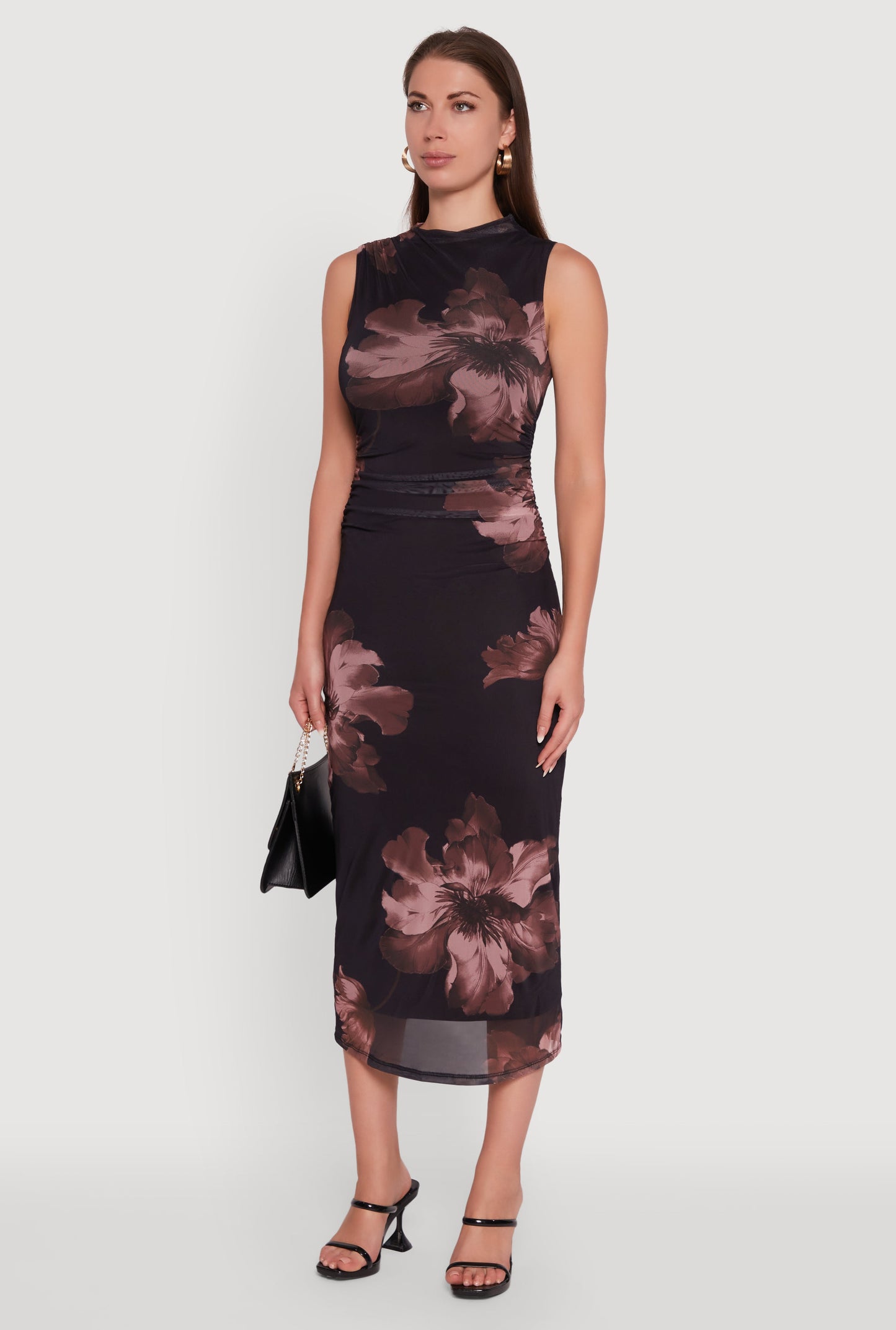 Madden Girl Floral Mesh Mock Neck Ruched Side Midi Dress