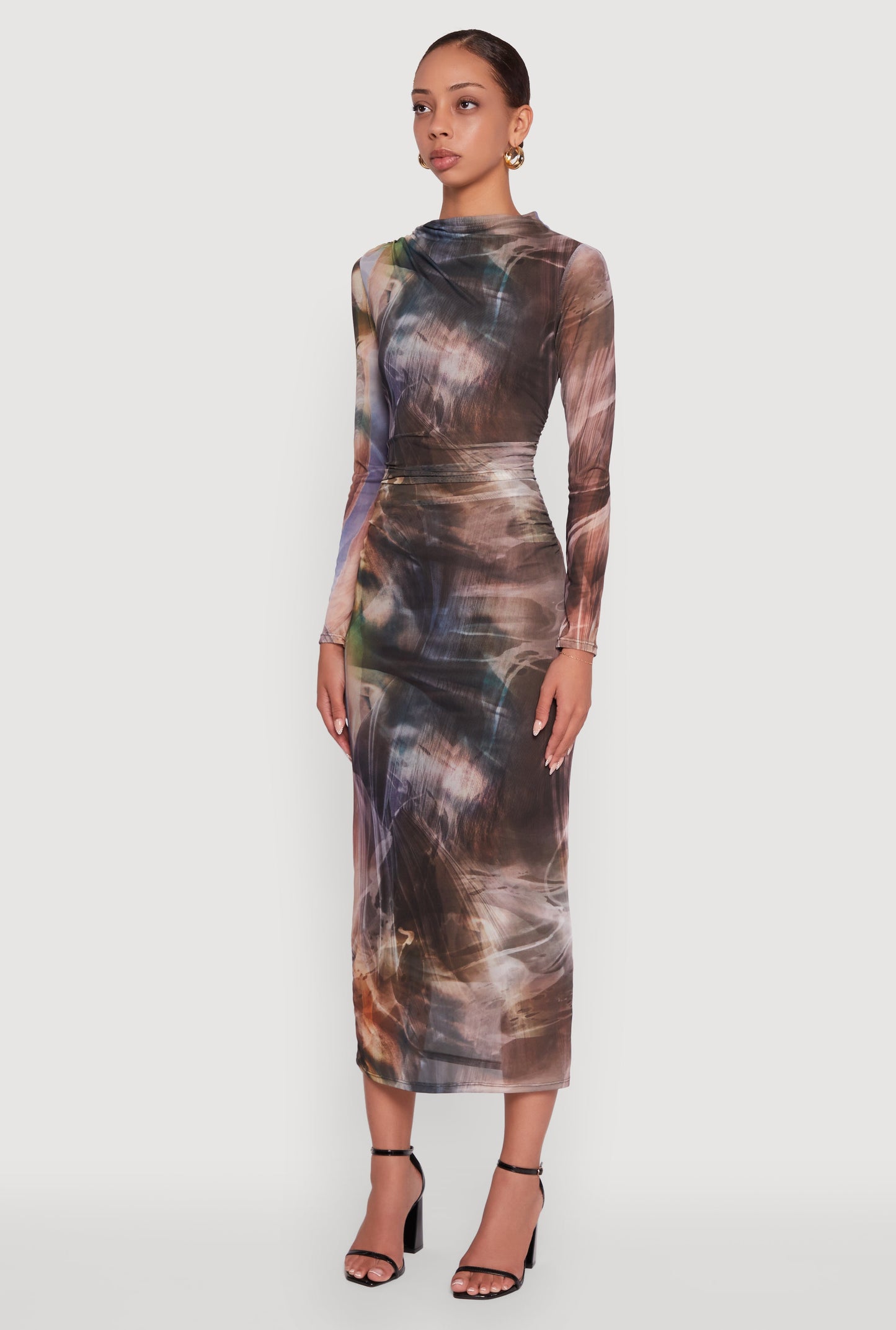 Almost Famous Patterned Mesh Ruched Side Midi Dress