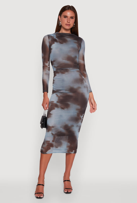 Almost Famous Patterned Mesh Ruched Side Midi Dress