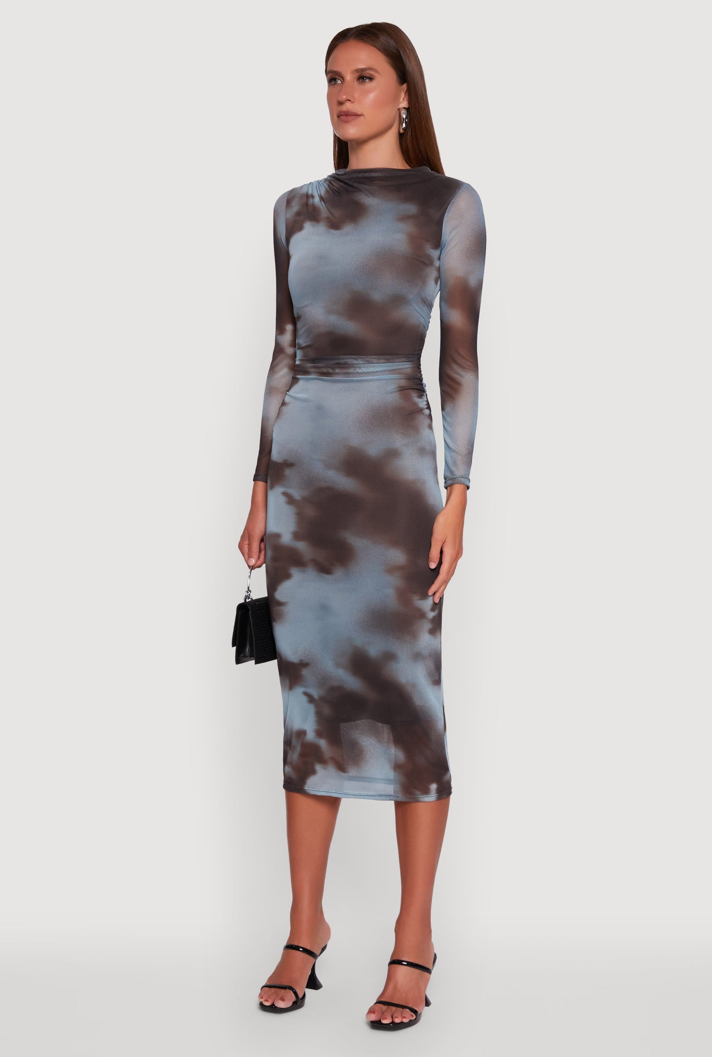 Almost Famous Patterned Mesh Ruched Side Midi Dress