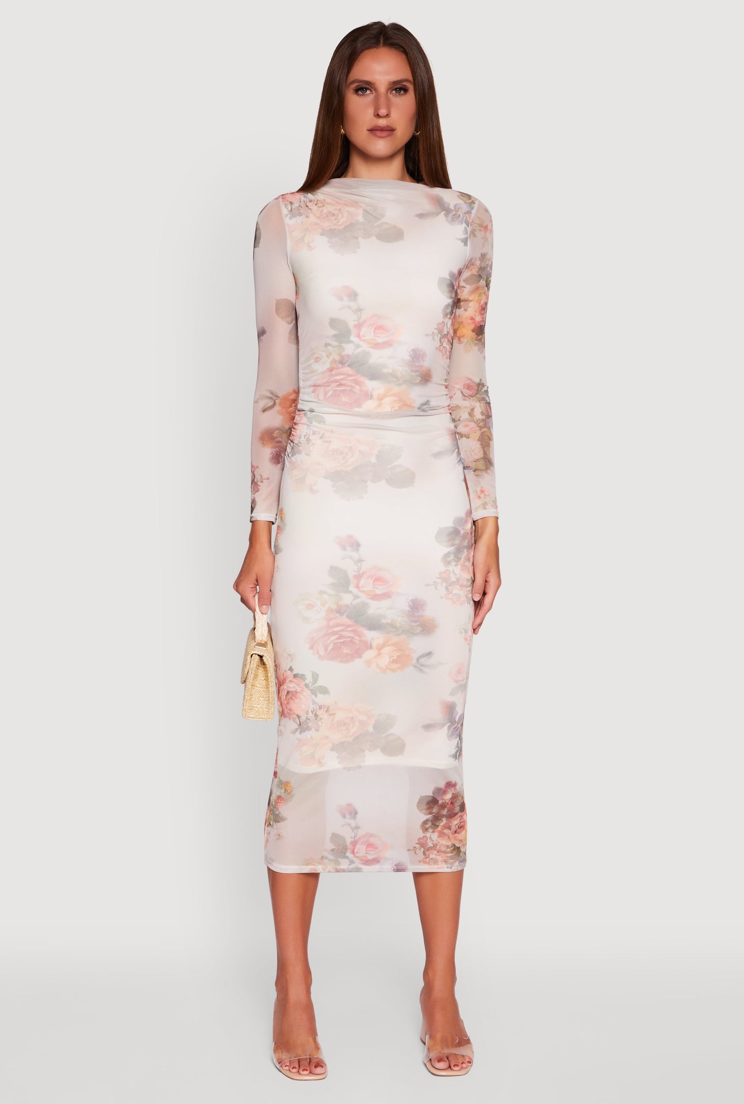 Almost Famous Patterned Mesh Ruched Side Midi Dress