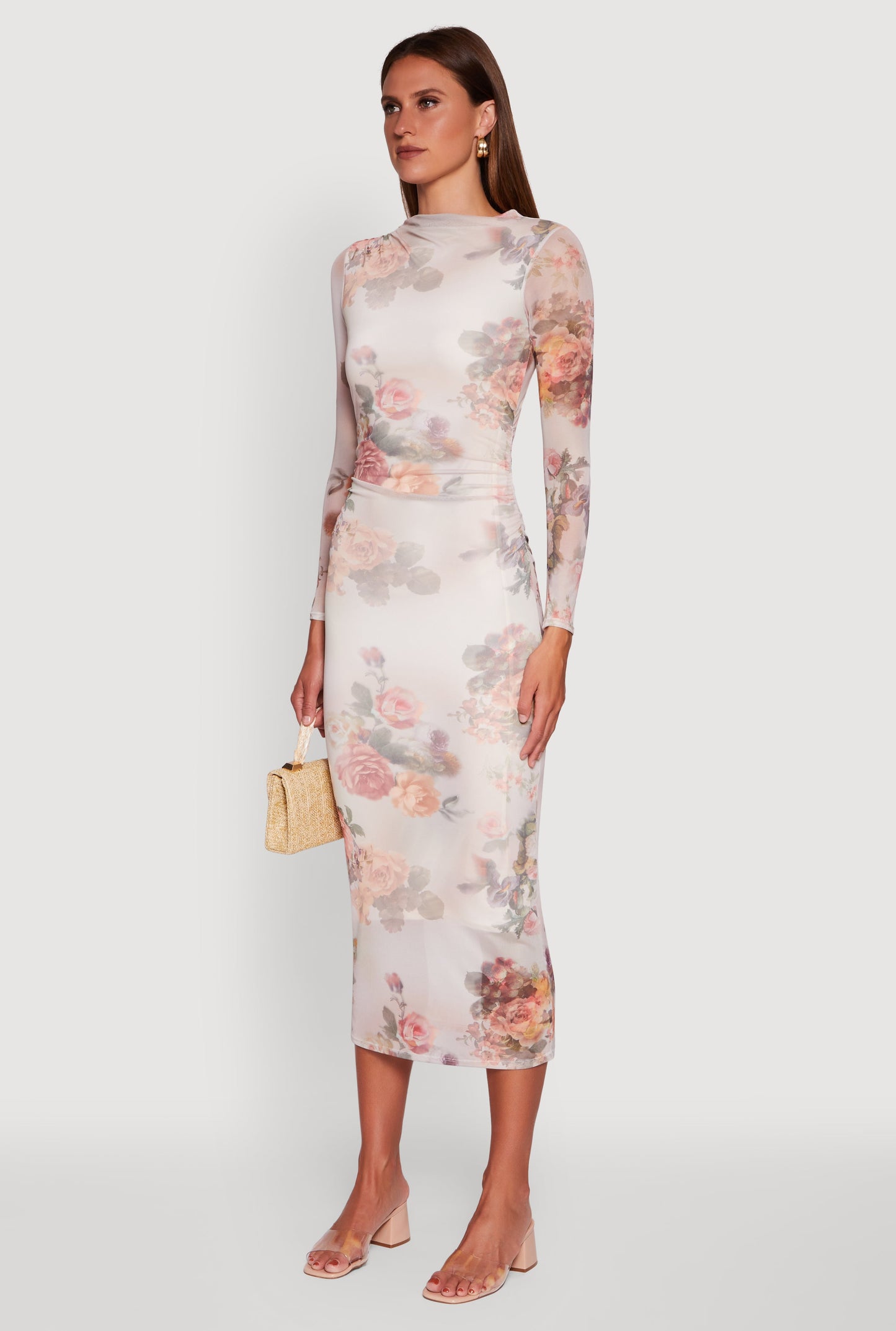 Almost Famous Patterned Mesh Ruched Side Midi Dress